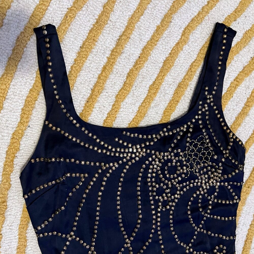 Badgely Mischka Navy Blue Silk Minidress with Gold Embellishments - Picture 3 of 7